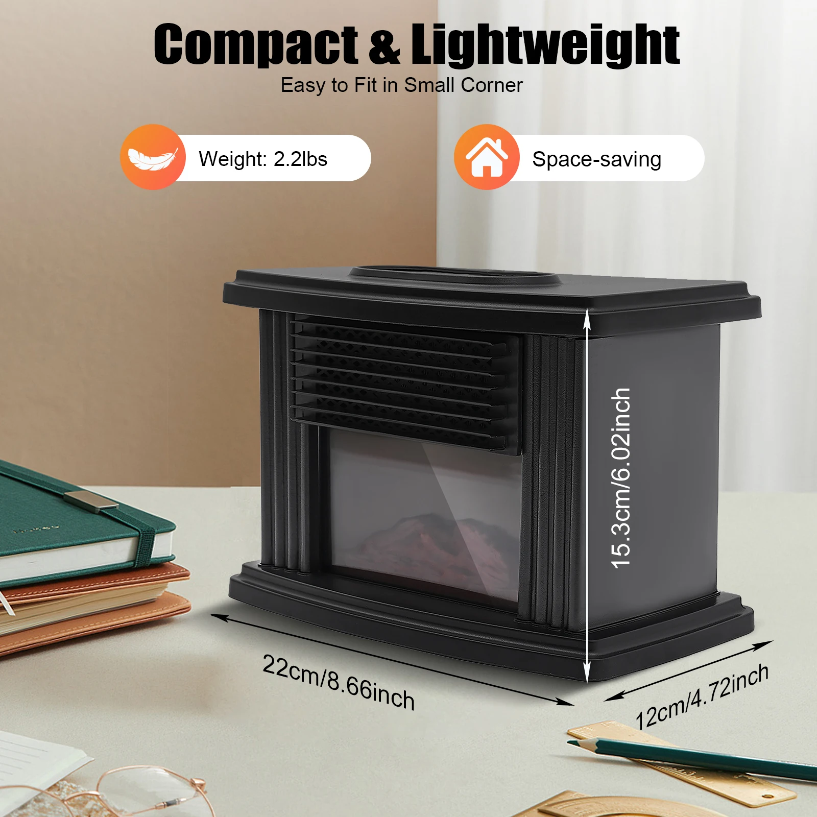 3D Flame Electric Fireplace Heater, Portable Space Heater With Timer, Safe Quiet Heater for Home Office Bedroom