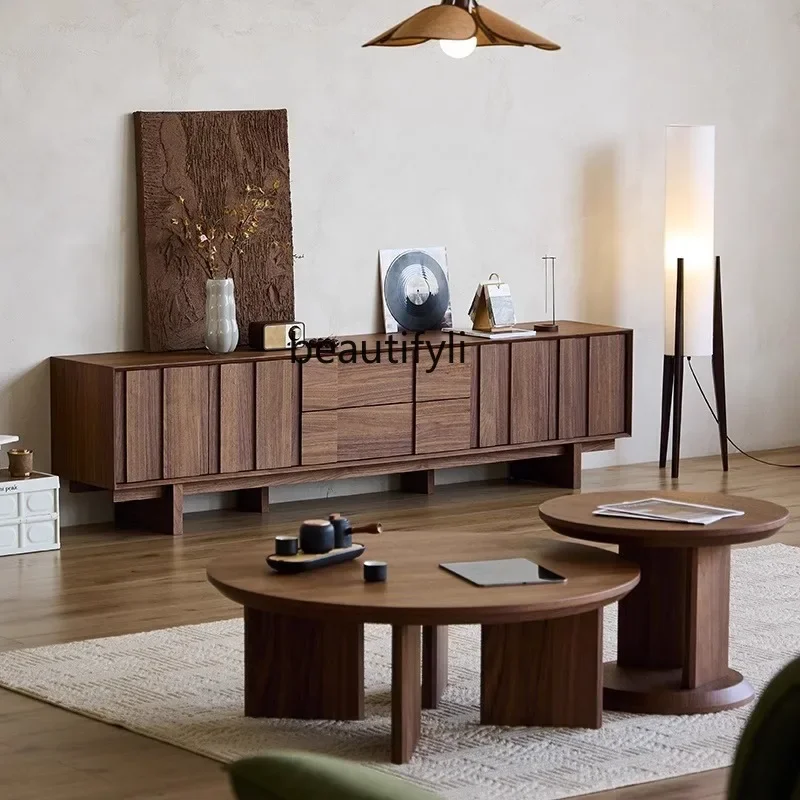 Mesa de centro redonda de madera maciza x1zz, sala de estar lateral, hogar, pequeño apartamento, color nogal negro, niño y madre, combinación