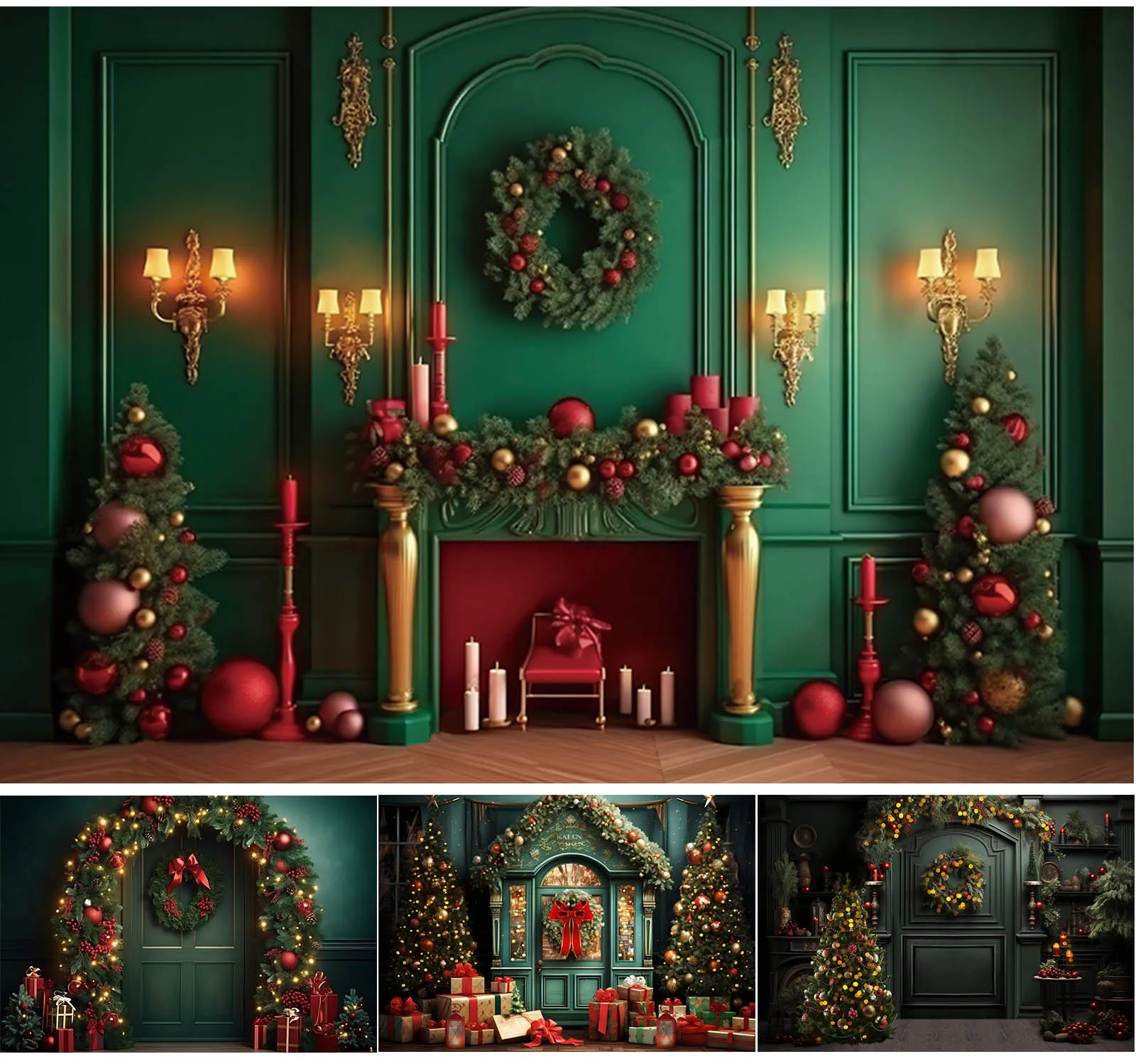 Christmas Photography Background Indoor Green Wall Door Xmas Tree Santa Gift Portrait Photozone Backdrop Family Kid Party Decor