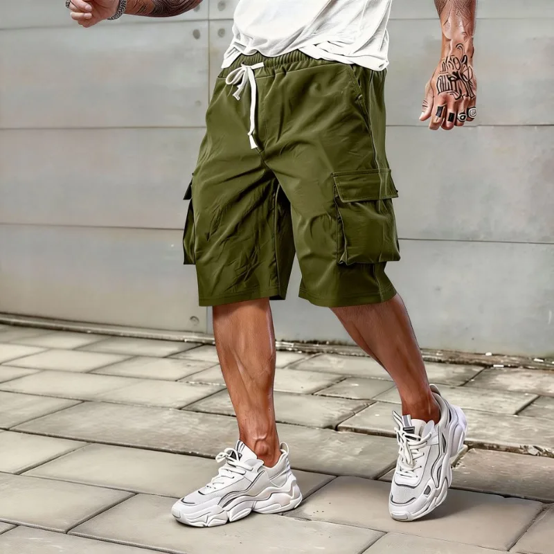 Men's Cargo Shorts Casual Drawstring Waist Multi-Pocket Knee-Length Breathable Lightweight Summer Outdoor Hiking Jogging Shorts