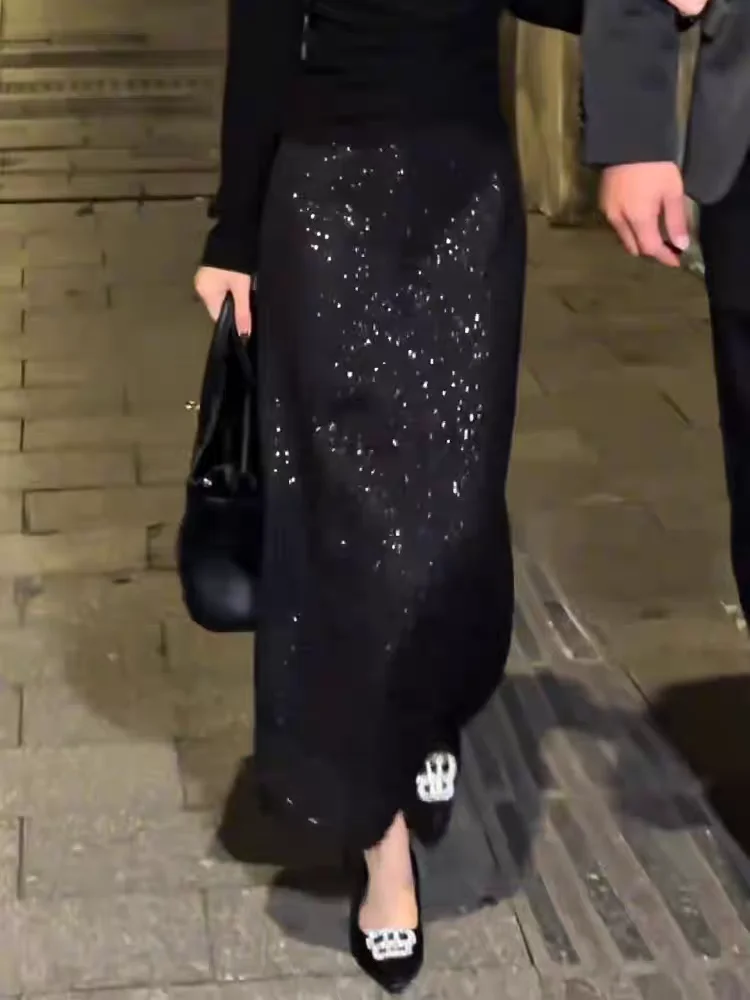 Black Shiny Woolen High Waist Straight Cut Skirt Women's Fashionable Autumn 2026 Commute Versatile  Skirt Elegant Slimming