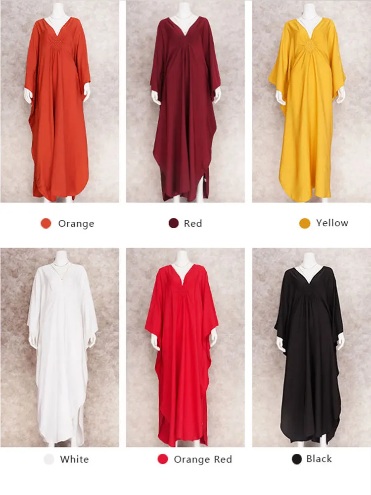 2023 Solid V-neck Batwing Sleeve Plus Size Kaftan Loose Maxi Dresses Women Summer Beachwear Bathing Robe Soft House Dress N1306