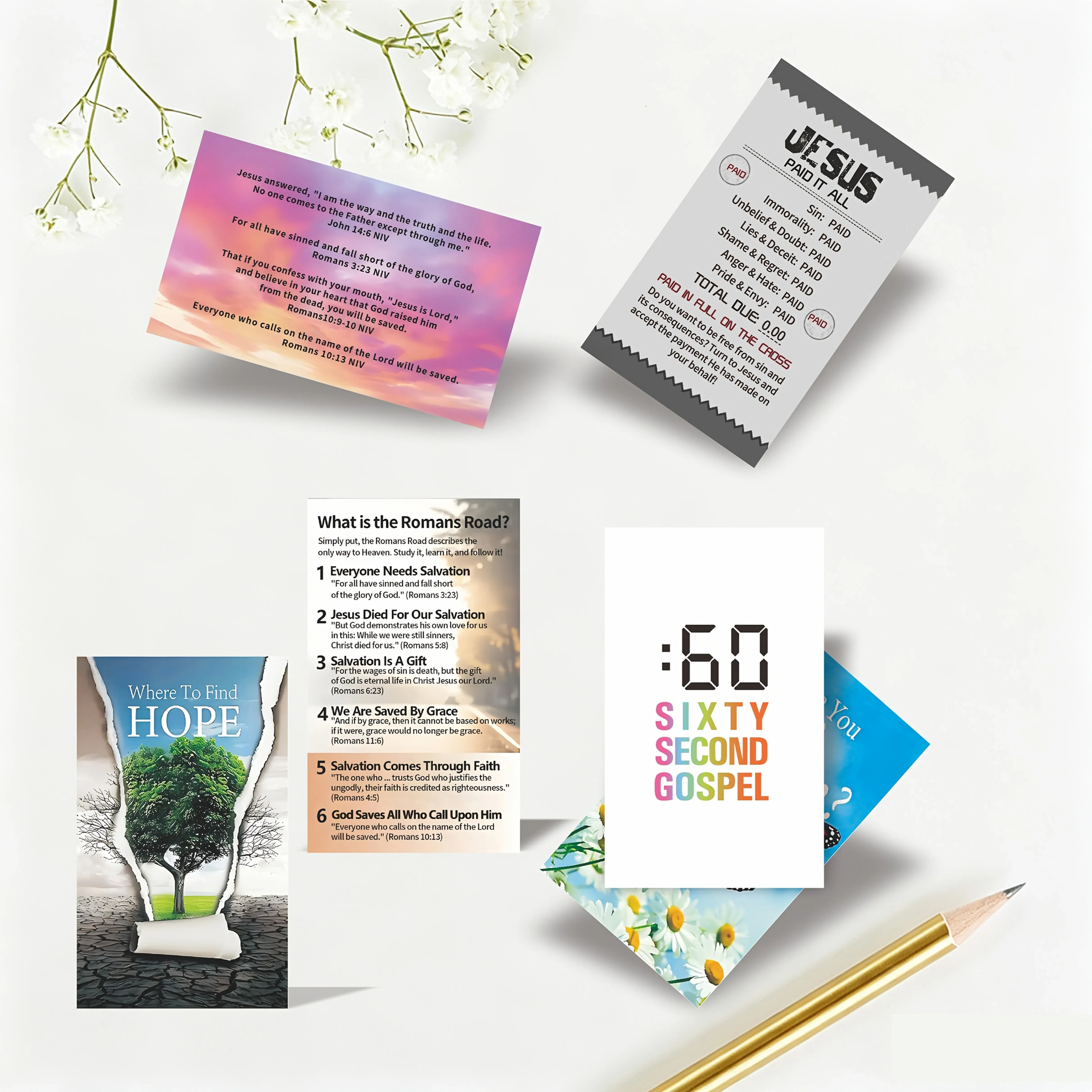 300Pcs Total Gospel Tracts Bulk, 6 Assorted Designs 50Pcs Per Style Christian Salvation Pocket Cards, Romans Road Sixty Second Gospel Bible Verse Witnessing Cards, Religious Evangelism Outreach Prayer Cards for Church Ministry Supplies