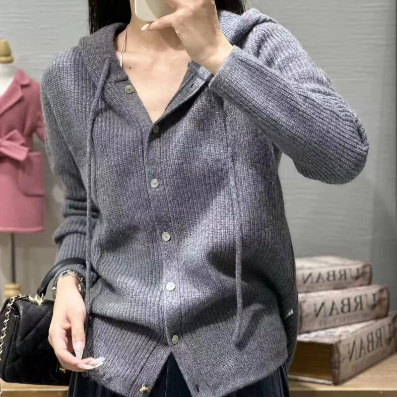 100% Pure Wool Sweater Women\'s Clothing Knitted Cardigan Autumn Winter New Casual Hooded Cardigan Loose Korean Long Sleeved Top