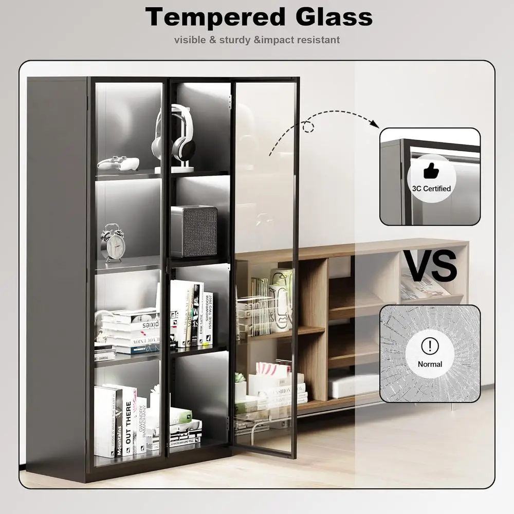 63 Tall Glass Display Cabinet with LED Lights, Adjustable Shelves for Collectibles, Suitable for Living Room, Bedroom, Office view 6