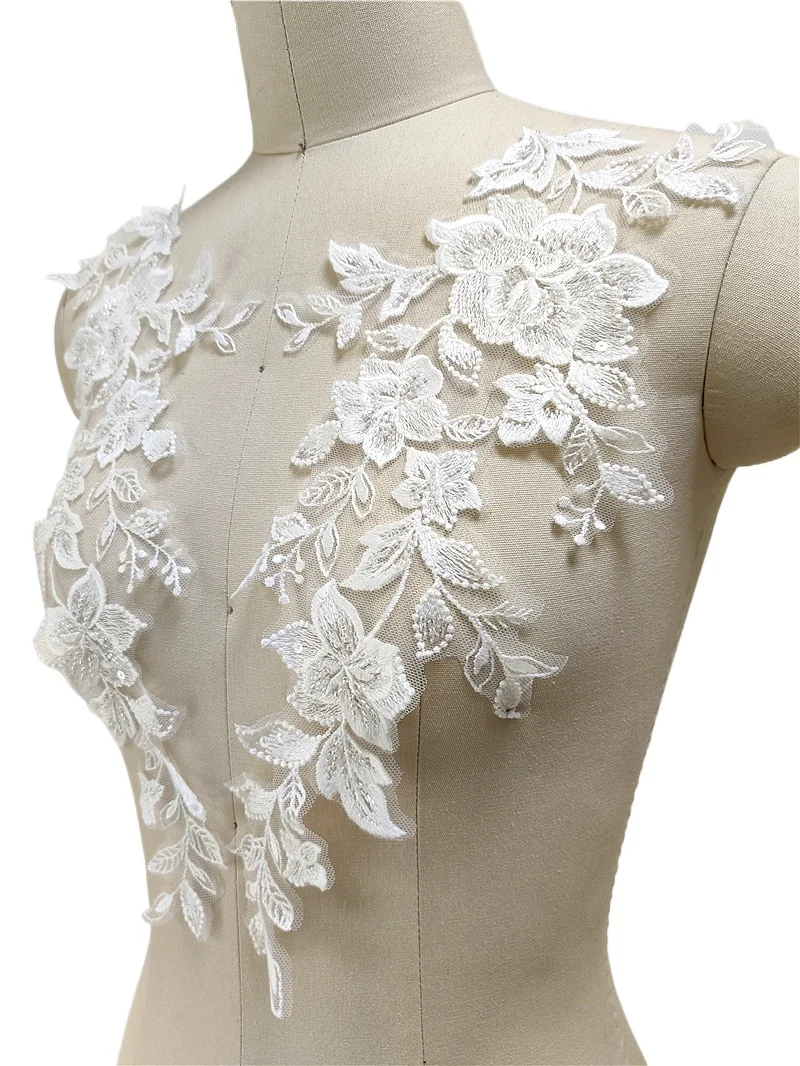 2 paia e 5 paia. Off White Beaded ricamo 3D pizzo specchio fiori foglia di alta qualità fatto a mano fai da te velo da sposa Patch Applique