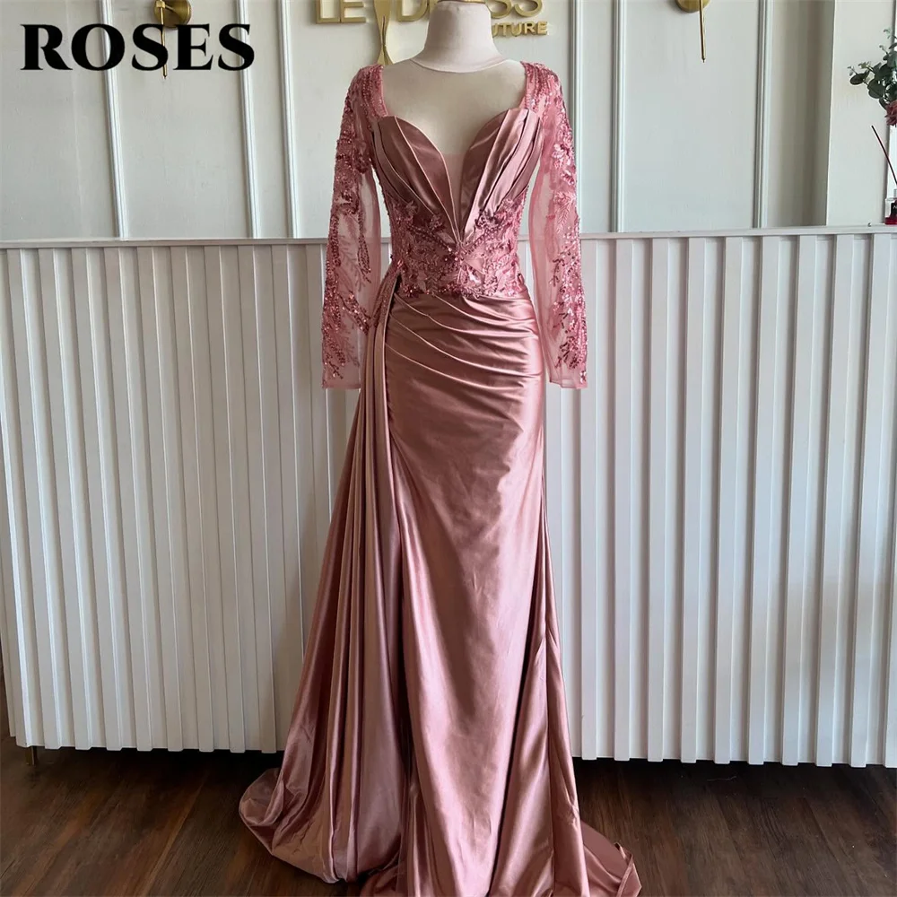

ROSES Rose Pink Prom Dress Deep V Celebrity Dresses Lace Sleeves and Beaded Women's Evening Dress Trumpet Formal Gown Customized