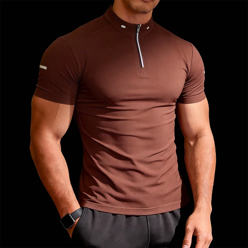 Gym Fitness Coach Work Uniform Men Half-zip Stand-up Collar Tight Fitness Shirt High Elasticity Quick-drying Training Sports Top