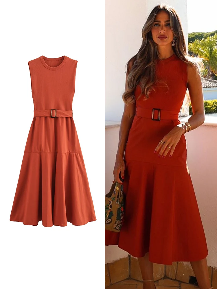 TRAF New Women Solid Patchwork Dress With Belt Elegant Office Ladies Sleeveless O-neck Dress Vintage Causal Chic Long Dress