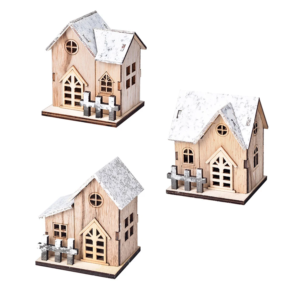 

3Pcs Wooden Puzzle Villa Luminous Christmas Decor Fine Craftsmanship Flat Bottom Stable Base Xmas Desktop Adornment