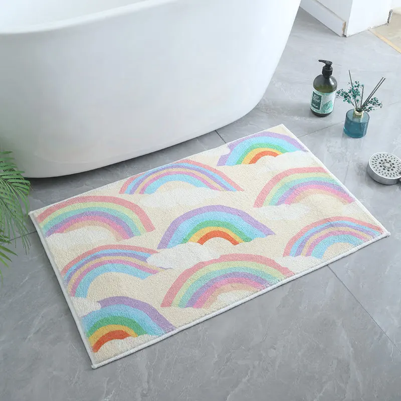 

Colorful Rainbow Bath Mat Absorbent Washroom Floor Rug Cartoon Non-Slip Mud Toilet Pad Quick-Drying Carpets Soft Fluffy Foot Mat