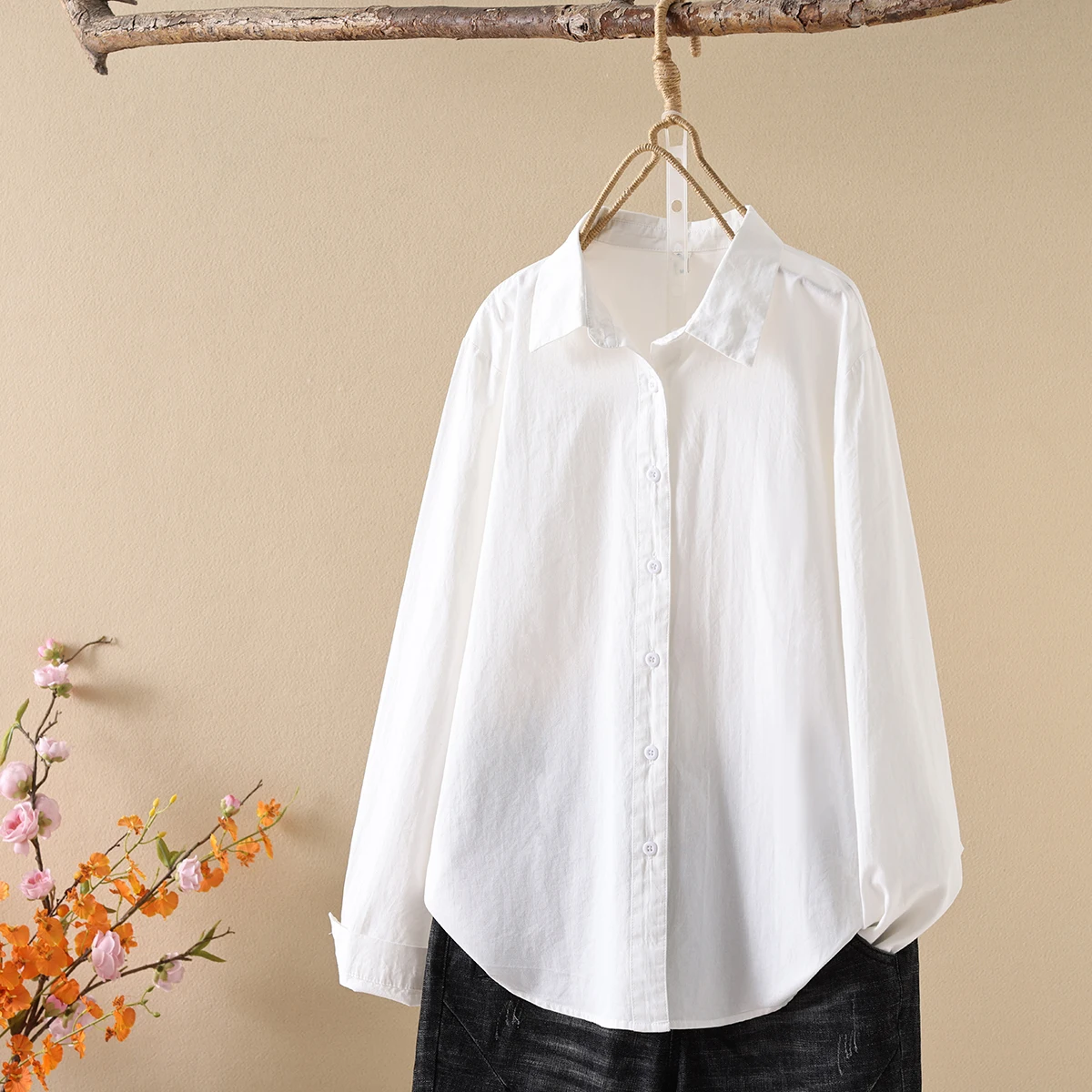 Chemise ample en coton décontractée pour femmes, chemisiers et hauts simples à manches longues, couleur unie, vêtements fins pour dames, nouvelle collection printemps-automne 2025