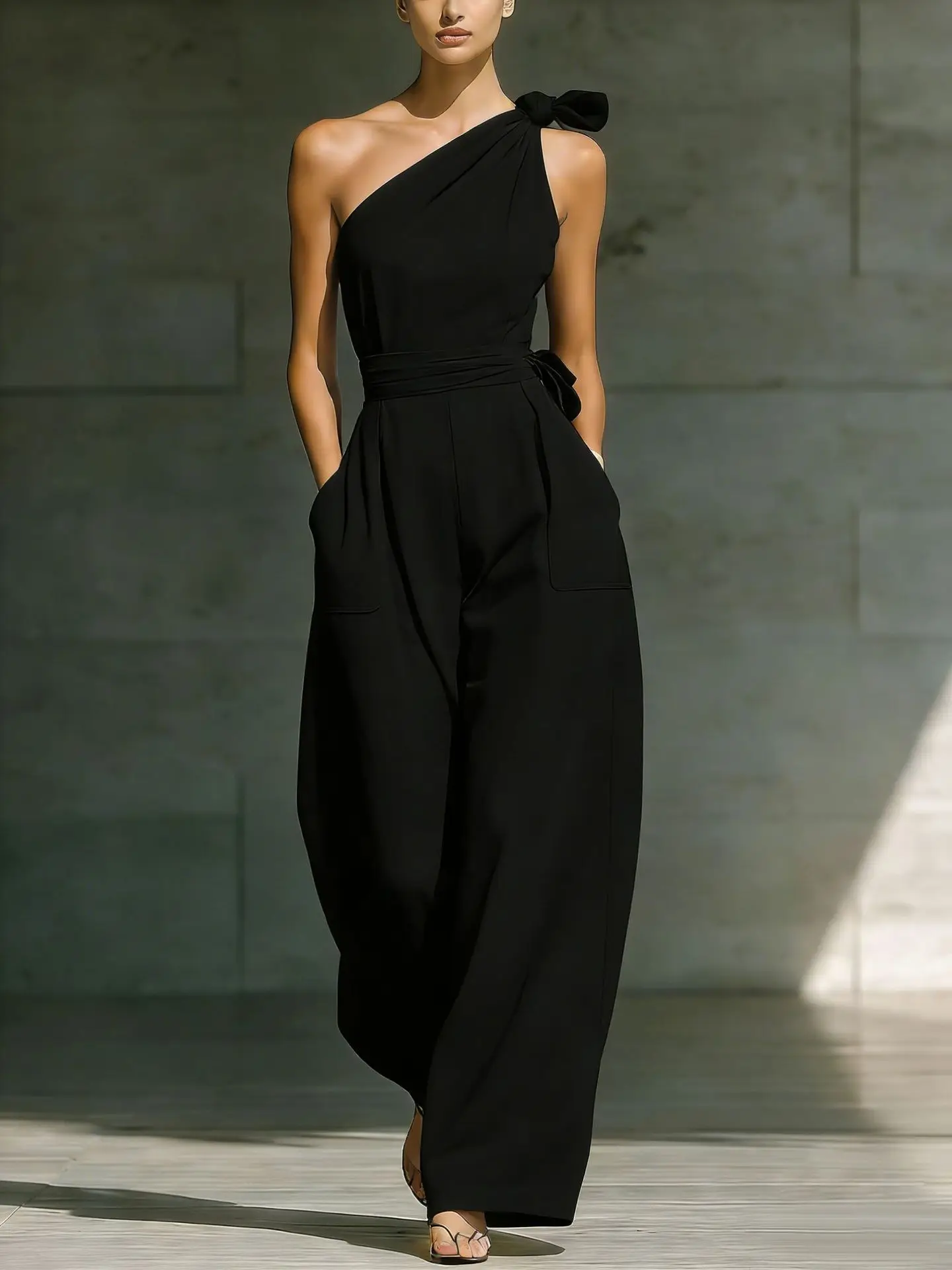 

Simple Fashionable Jumpsuit Spring Summer Solid Color Elegant Strappy Sleeveless Slanted Shoulder Mid-waist Wide Leg Jumpsuit