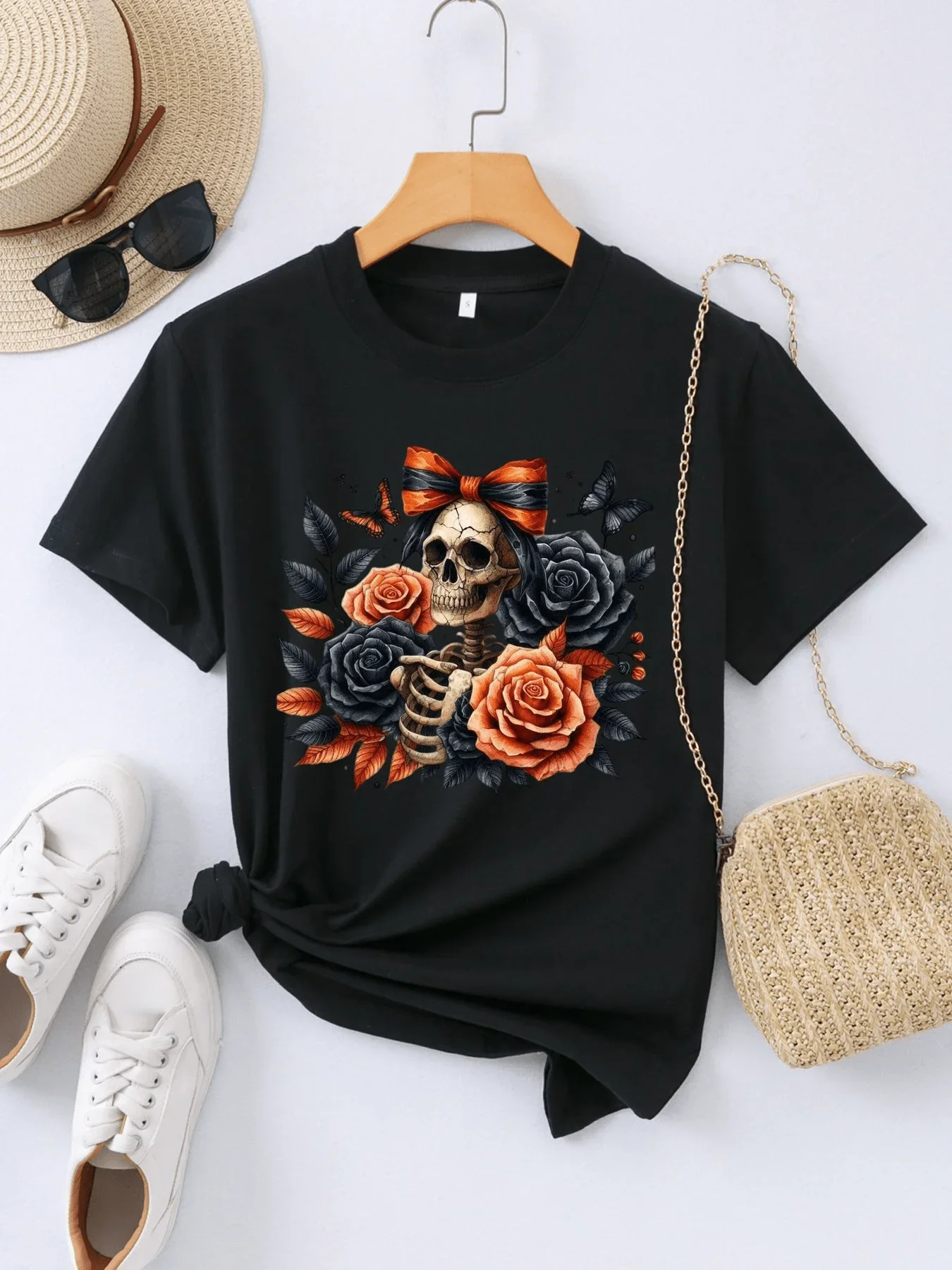 Women's Casual T Shirt with Gothic Skull with Elegant Orange and Black Bow Surrounded By Beautiful Roses and Butterflies Print
