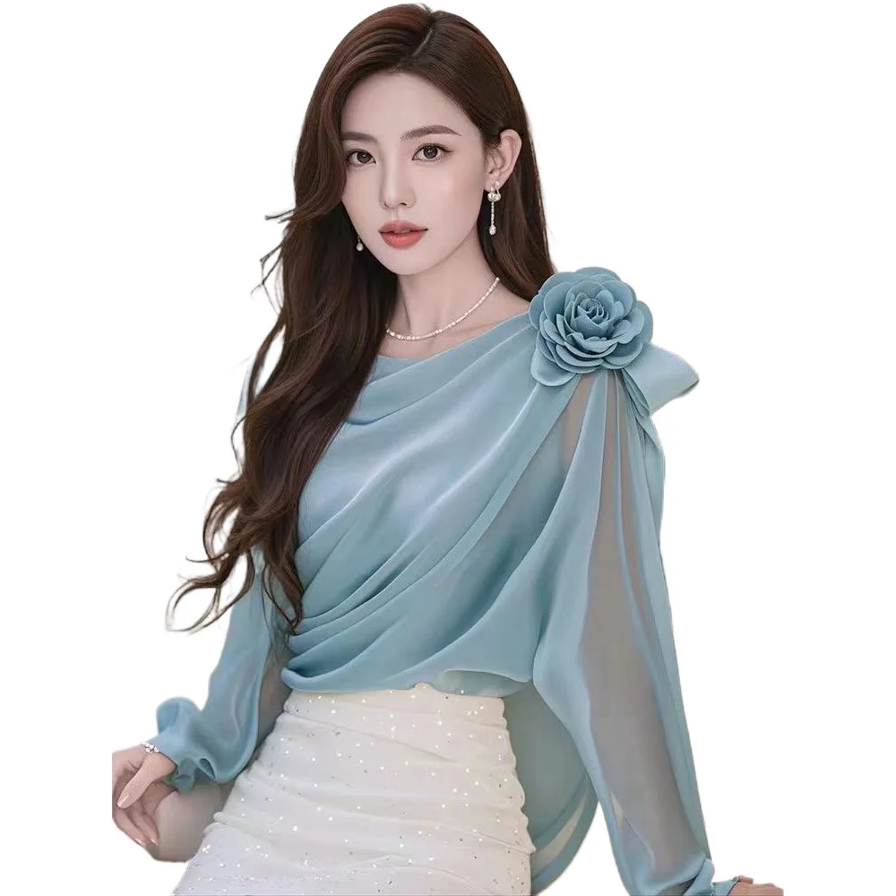 

Women's Chiffon Shirt 2026 Spring Summer Blouse New Shirt 3D Flower Top