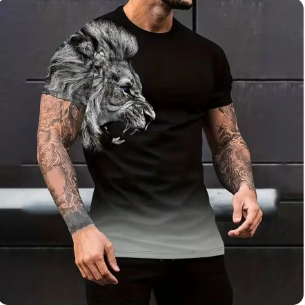 

Lion Pattern Print Men's Vintage T-Shirt Gradient Graphic Tee Men's Summer Outdoor Casual Male Clothing Short Sleeve Top For Man