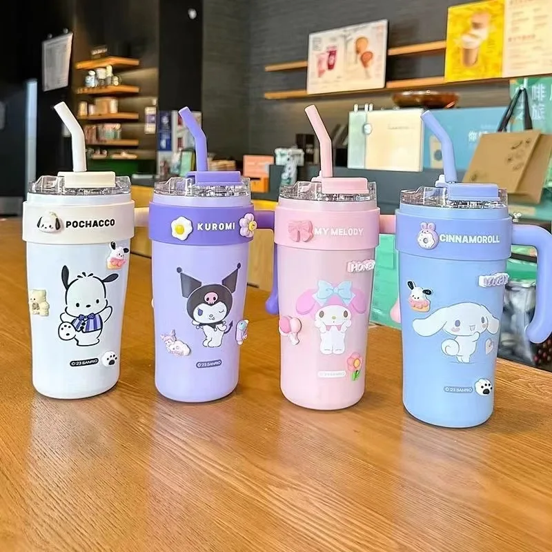 Sanrio Hello Kitty Thermos Bottle Cold Ice 860ml Kuromi Cinnamoroll High-Capacity Straw Stainless Steel Water Bottle Tumbler Cup