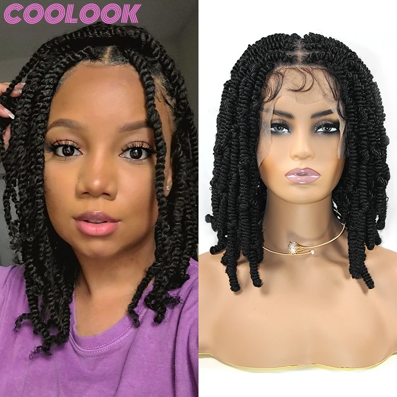 

Twist Braided Full Lace Wigs for Afro Women 12'' Crochet Square Part Lace Frontal Braids Wig Synthetic Passion Twisis Braid Wigs