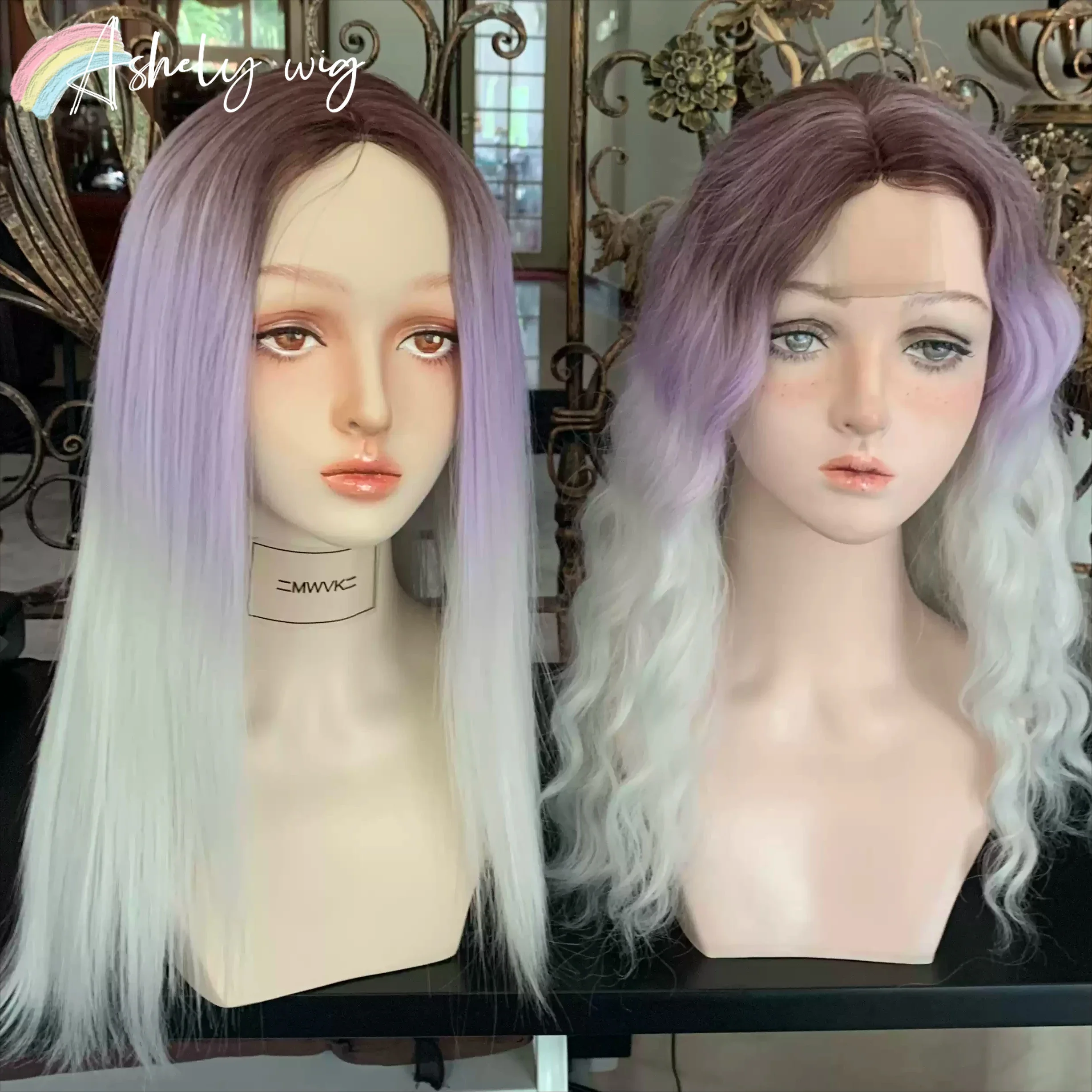 

Ashely White Purple Ombre Wigs Y2K Hair Style 16inch Wig Pastel for Cosplay and Daily Use High Temperature Fibers Synthetic Wigs