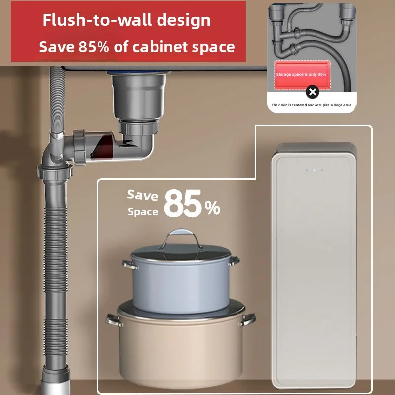 Kitchen sink drain pipe against the wall saves space, double overflow interface drain, leak proof and odor proof drain pipe