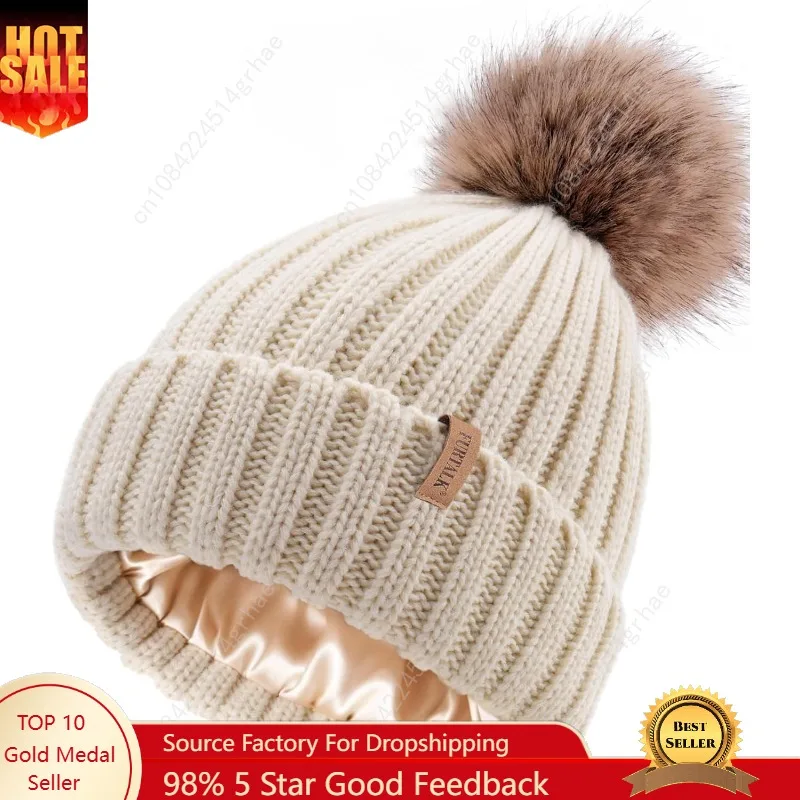 

FURTALK Womens Winter Beanie Hat Satin Lined Faux Fur Pom Pom Beanies Hat for Women Winter Warm Knit Hats