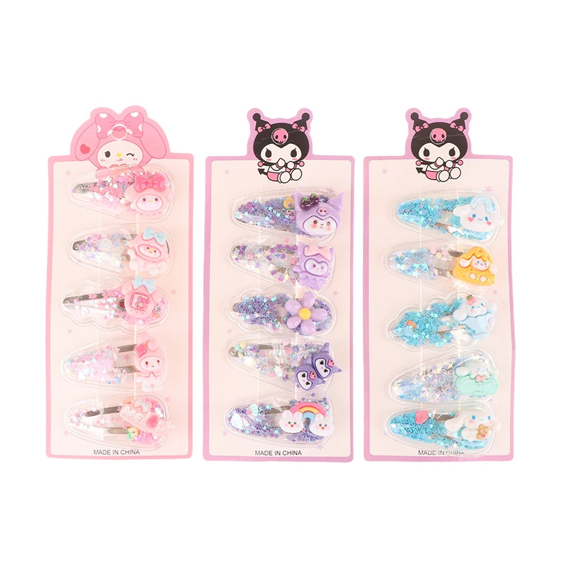 5Pcs Sanrio Kuromi Cinnamoroll Girls Hairpin Kawaii Babies Hair Clip My Melody Princess Quicksand Babies Clips Girl Accessories