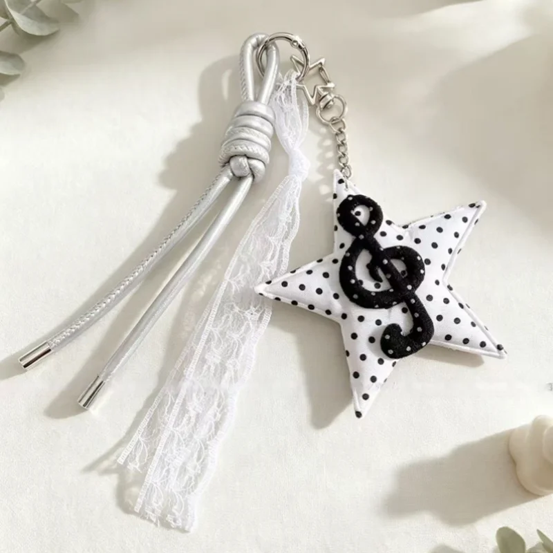 Silver Rope Lace Polka Dot Star Treble Clef Keychain, Cute Fabric Musical Note Bag Charm Pendant For Handbag Decor