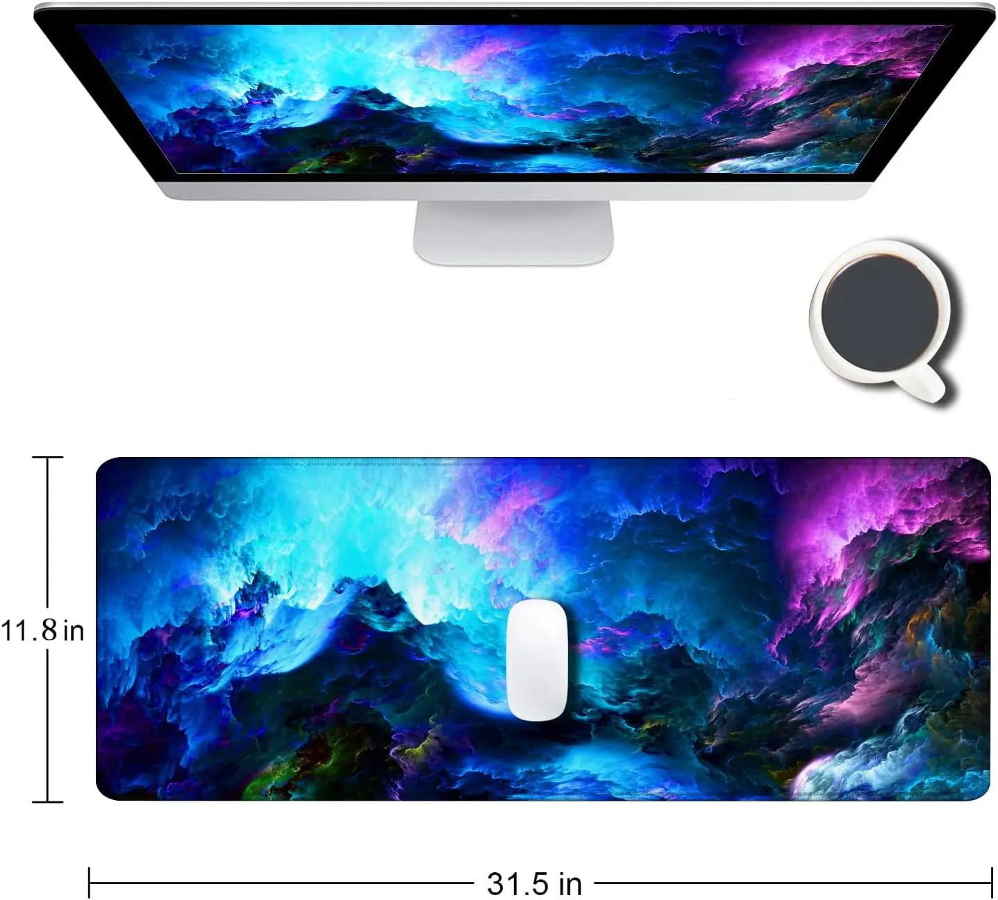 Gaming Mouse Pad Non-Slip Rubber Base, Keyboard Mouse Mat, Desk Pad with Stitched Edges, 31.5x11.8inch, Dazzling Galaxy
