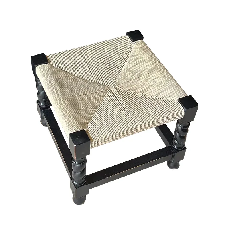 Antique solid wood black square stool carved French woven shoe change stool living room household small stool small stool coffee