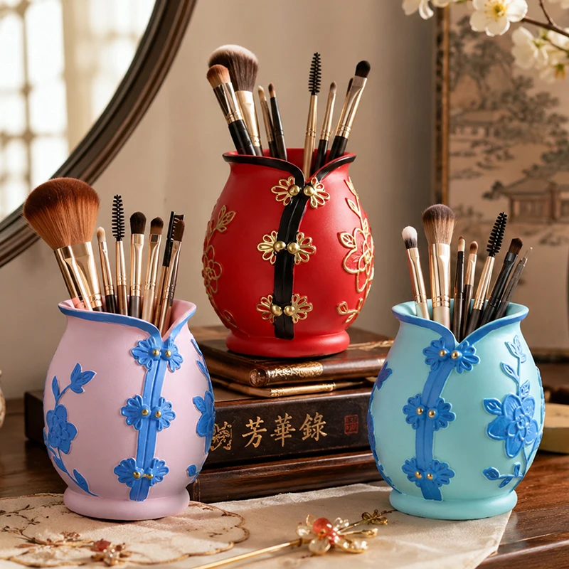 Vintage Cheongsam Shaped Resin Makeup Brush Holder Embossed Floral Cosmetic Organizer Vanity Desktop Dressing Table Decor Gift