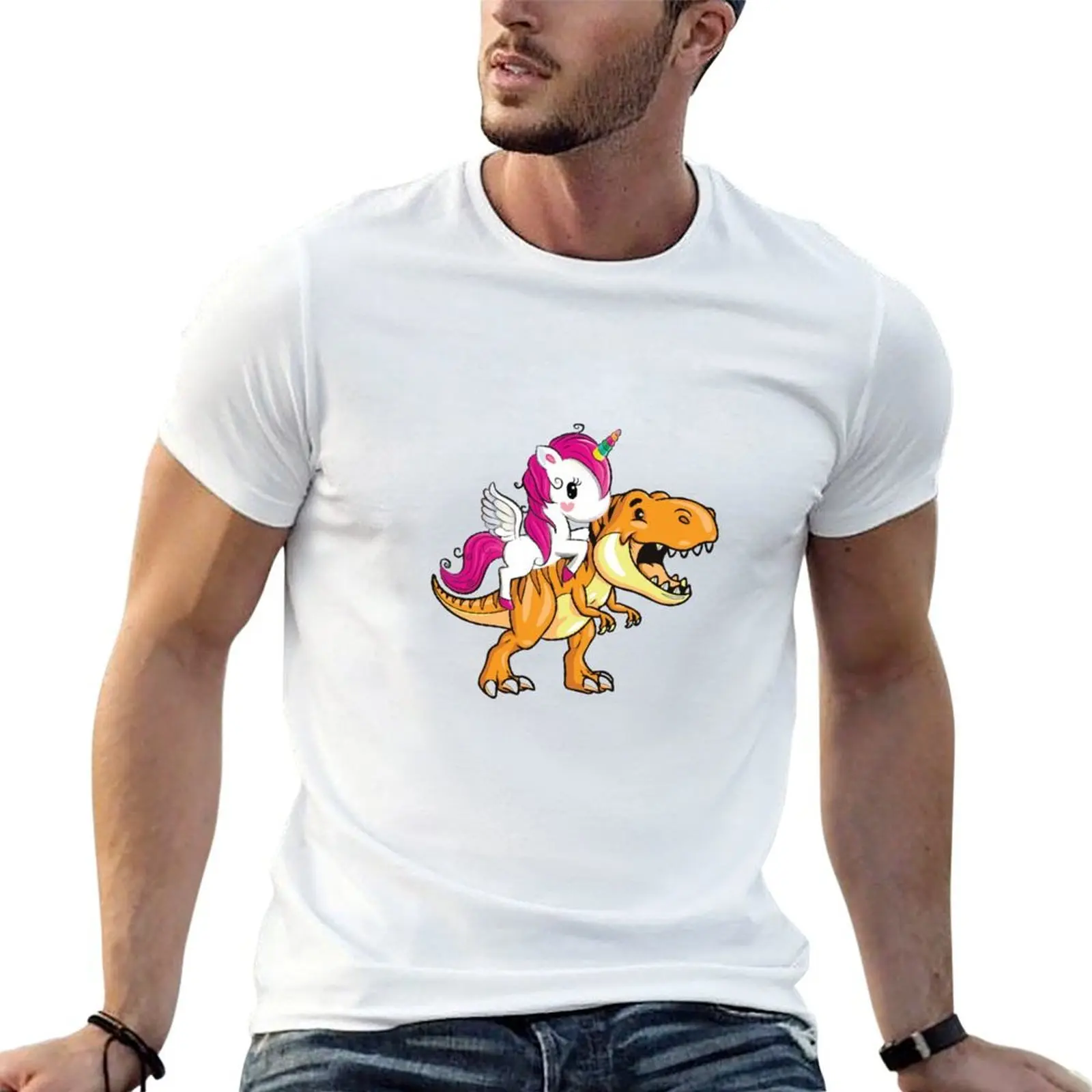 

Unicorn Riding Dinosaur Cute Funny Unicorn Riding Dinosaur T-Shirt t shirts cotton 100% anime t shirts oversize T-Shirt