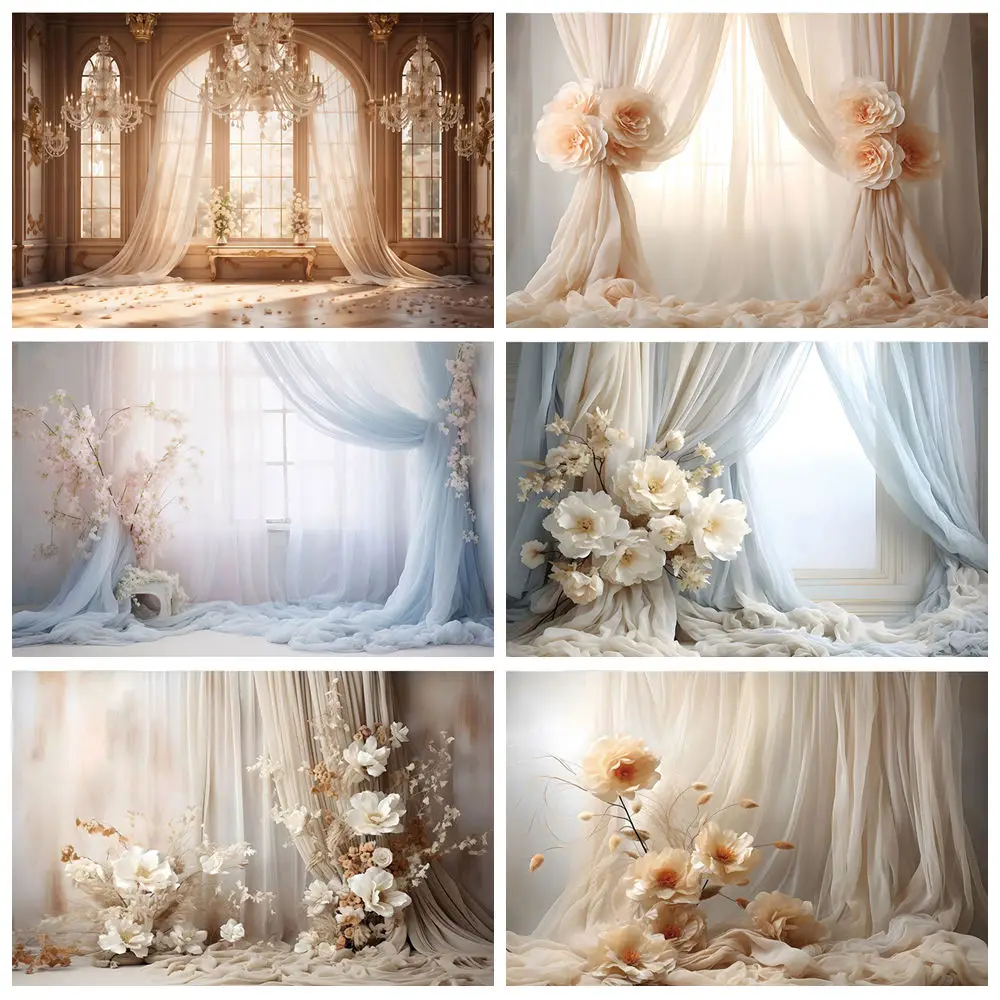 

Vintage Interior Window Curtain Flowers Wedding Backdrop Decor Pregnant Newborn Portrait Photography Background Studio Props