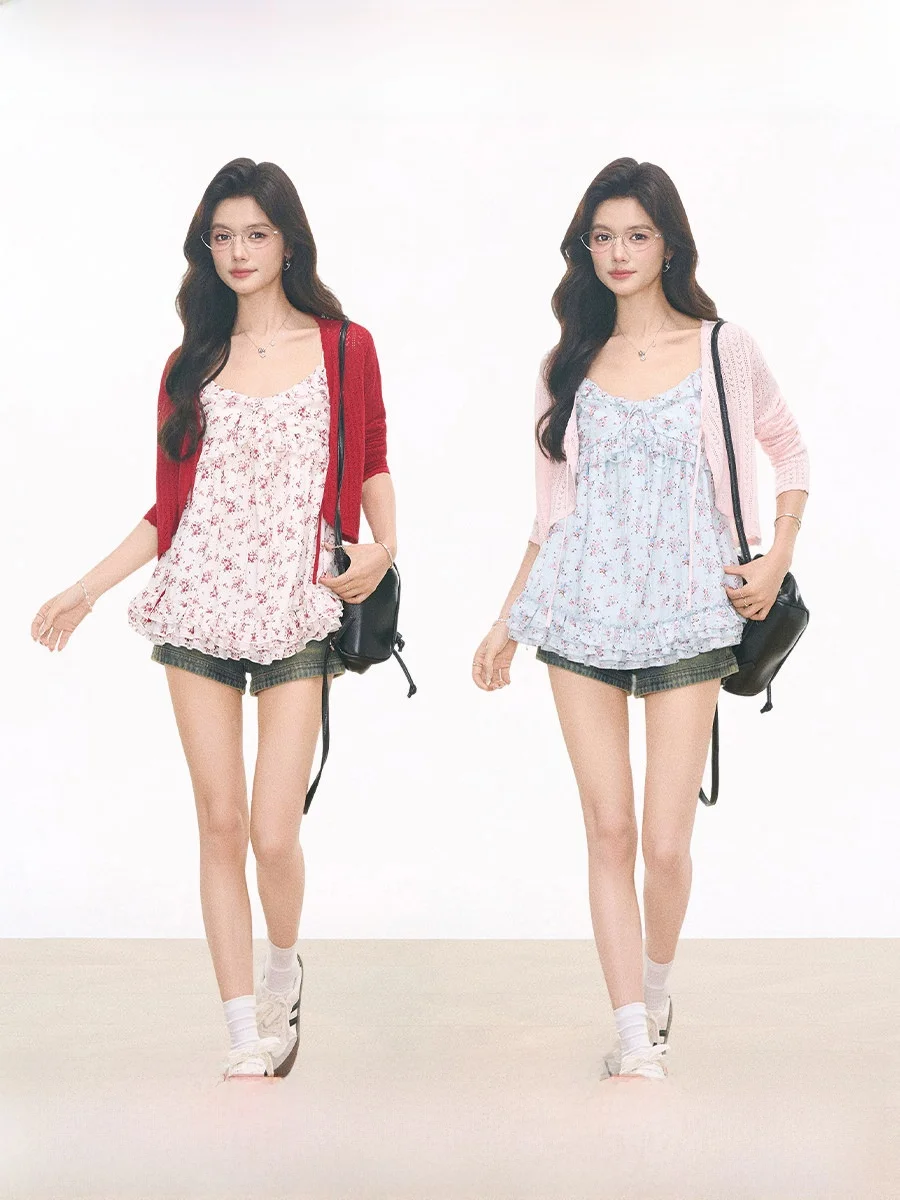 

WESTAYONE New 421 Knitted Cardigan Floral Halter Dress Top Vintage Denim Shorts Floral Print Spring Summer Women's Fashion Set