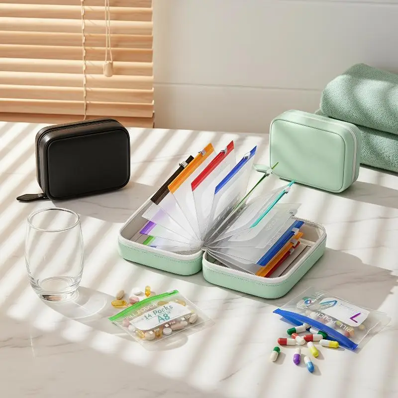 1 Set A8 Waterproof Pill Pouch Kit with 14 Color-Coded Pouches Writable Labels for Road Trip Portable Medication Organizer