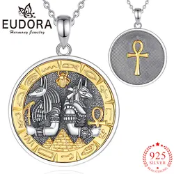 Eudora 925 Sterling Silver Anubis and Horus Necklace 18K Gold Egyptian Cross Religious Pendant Rune Amulet Jewelry for Men Women
