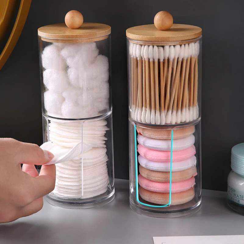 1 Pcs Cotton Swab Organizer Storage Bamboo Cover Acrylic Round Organizer Makeup Storage Box Container Organizadores