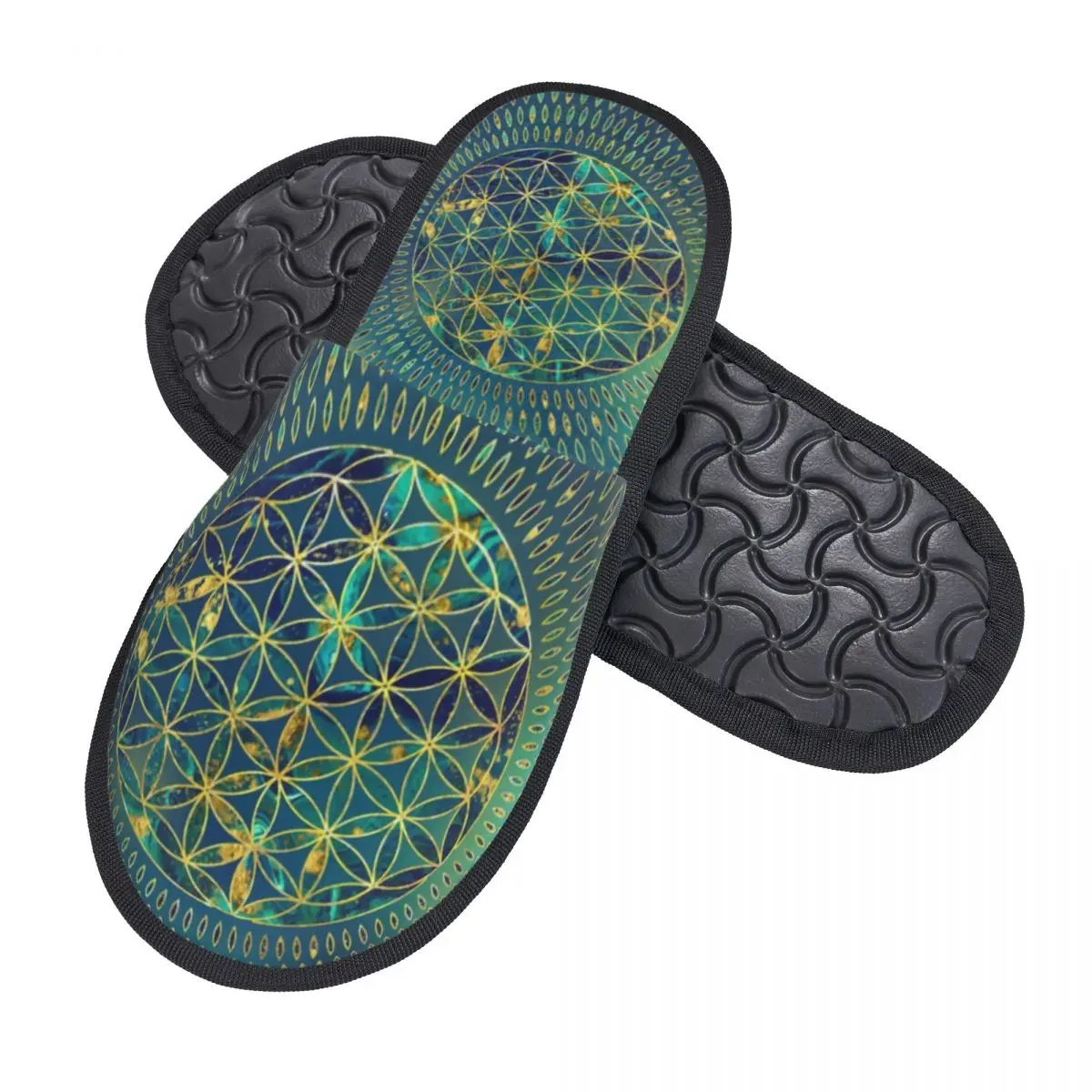 Custom Flower Of Life Marble And Gold Memory Foam Slippers Women Soft Warm Mandala House Slippers