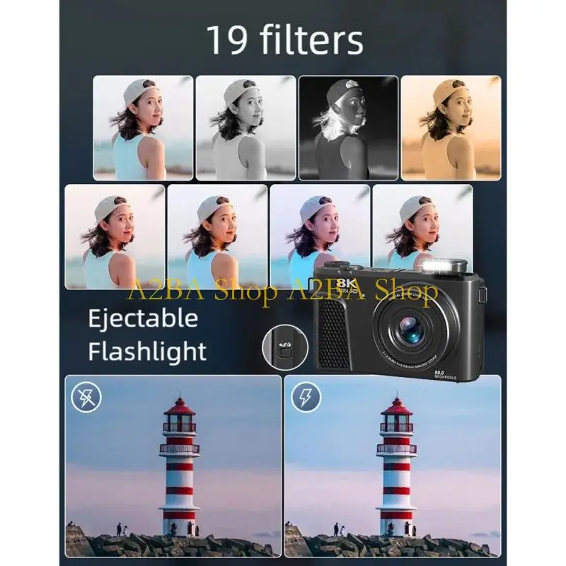 

A2BA Vlog Travel Camera 8K Digital Auto Focusing Camera 180 Degree Flipping Screen Lightweight 18X Digital Zoom for Outdoor
