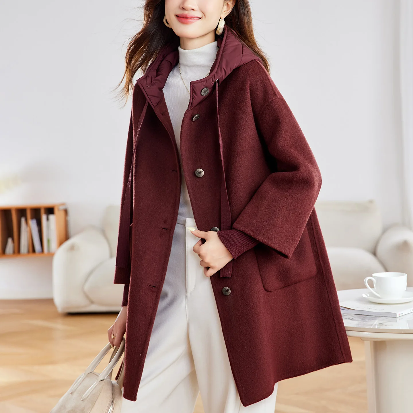 レディース両面ウールコート ミディアム丈 フード付き センセーションコットン 秋冬新作 スレ アウトドア 防風