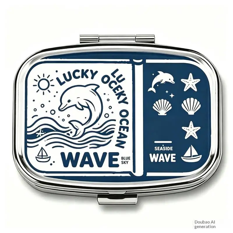 {#} Retro Sardine Print 2-Grids Metal Jewelry Pill Box Organizer For Adult Travel Mini Medicine Candy First Aid Kit