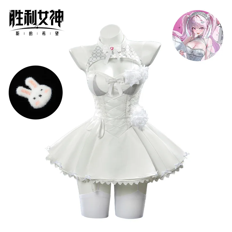 Anime Nikke Goddess of Victory Alice Cosplay Costume White Bunny Dress with Lace and Rabbit Clip Fans Halloween Carnival Party