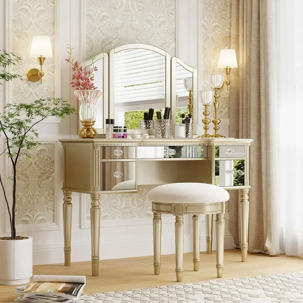 

zz 43" Dressing Table Set with Mirrored Drawers and Stool, Tri-fold Mirror, Makeup Vanity Set for Bedroom, Gold