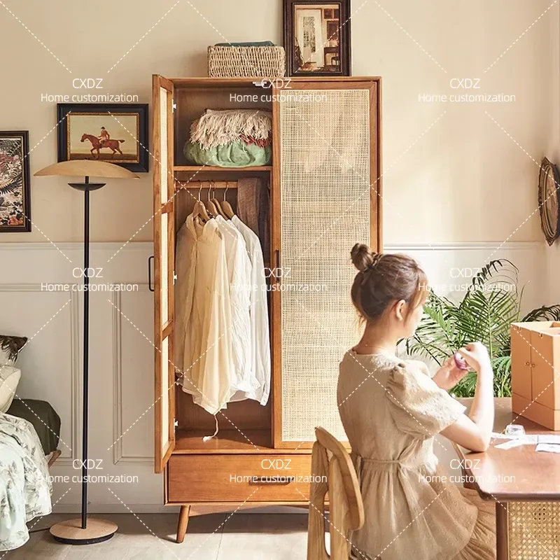 Nordic Rattan Wardrobe Double Door Solid Wood Storage Cabinet for Bedroom Hotel Home Furniture Large Capacity Clothes Closet