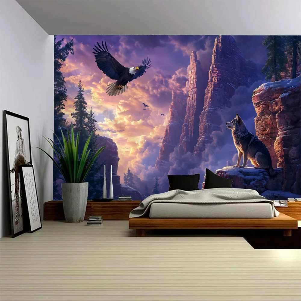 Eagle Flower Tapestry Forest Sky Dreamy Landscape Wall Hanging Fairy Tale Theme Bedroom Home Decoration Sofa and Bed Sheet