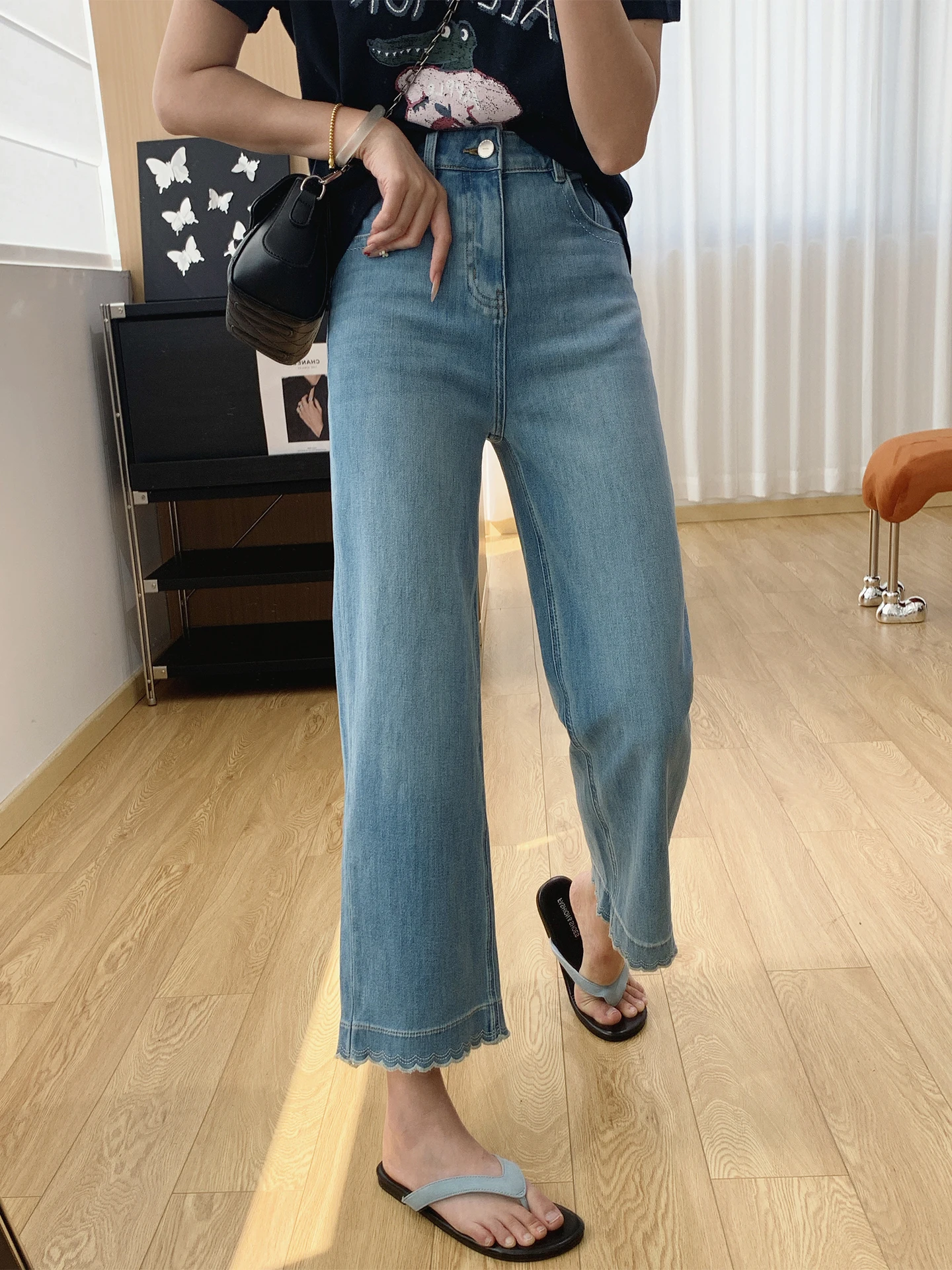 

Женские джинсы с высокой талией и прямым кроем, весенне-летние, широкие брюки-кюлоты, эластичные в четырех направлениях, из хлопка и лиоцелла, мягкие