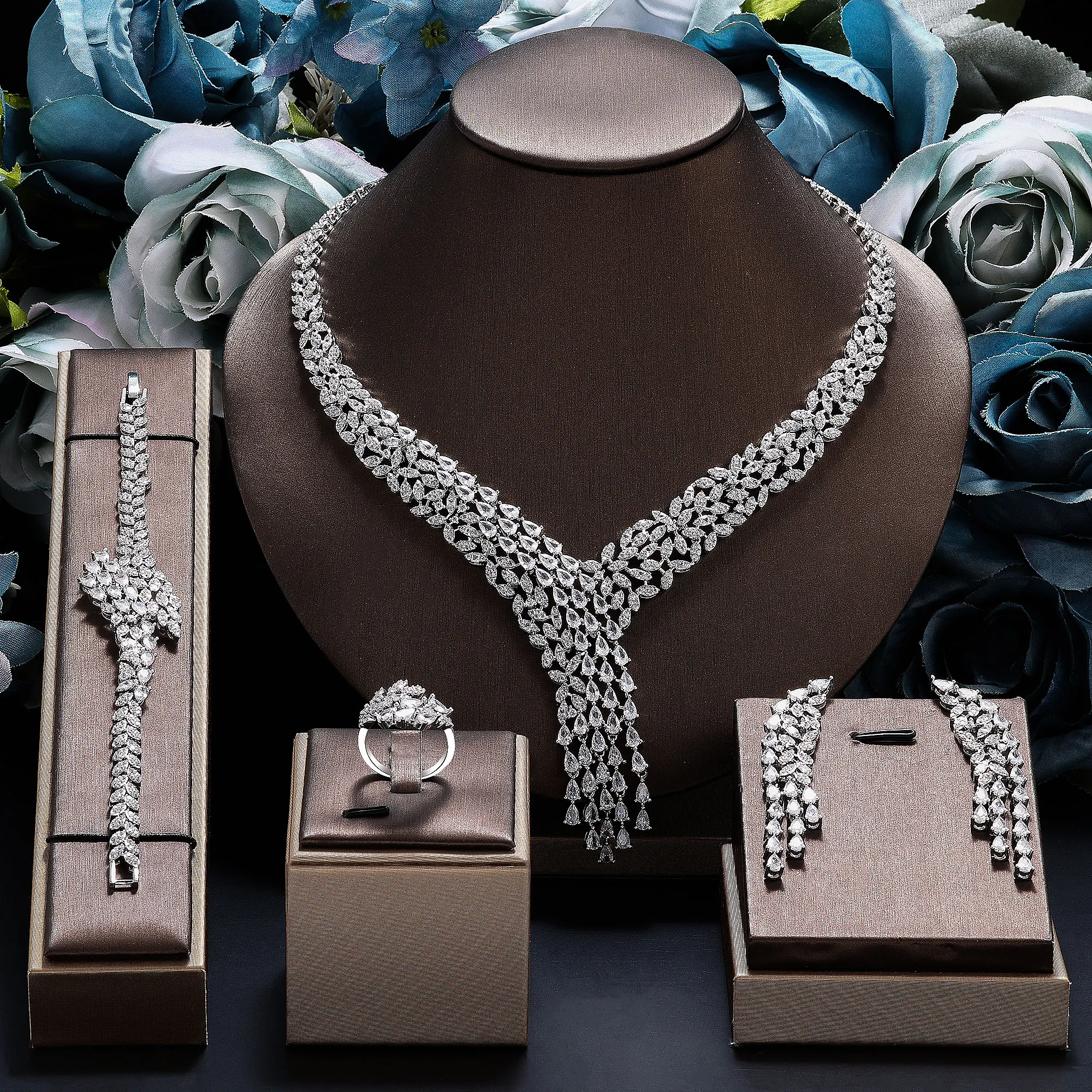 

Bridal Zirconia Full Jewelry Set for Ladies Party Luxury Dubai Nigeria CZ Crystal Wedding Necklace Set