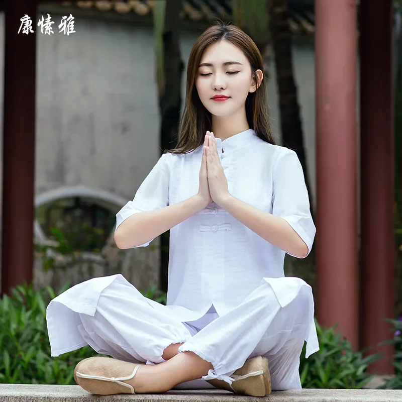 Women Yoga Set Tai Chi Meditation Taiji Uniforms Cotton Linen Short Loose Wide Leg Yoga Pant Yoga Top Casual Martial Art Clothes