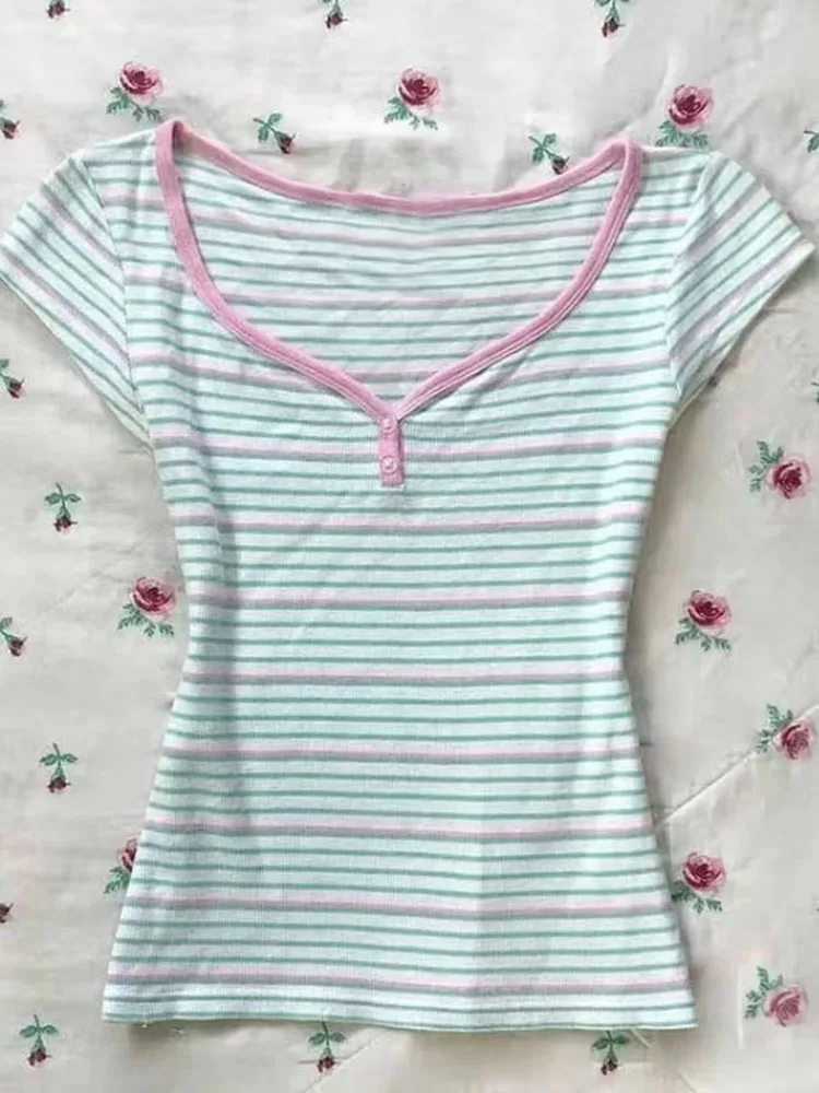 Y2k Stripes T Shirt For Women V Neck Versatile Color Blocking Vintage T-shirts Spring Summer Sexy Basics Ropa De Mujer
