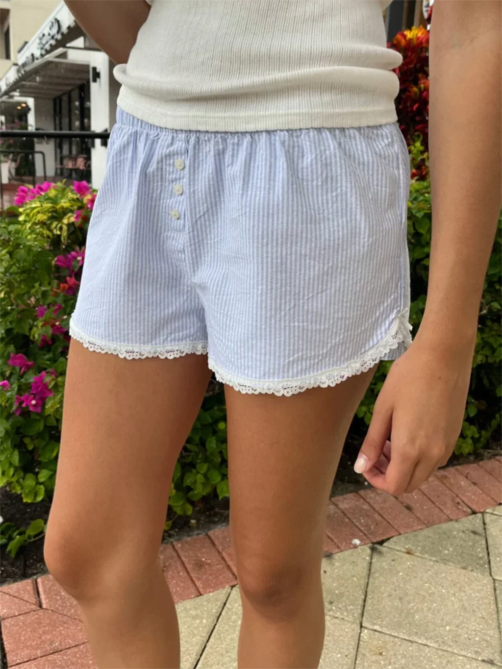 Blue Stripes Cute Shorts Woman Summer Lace Trim Buttons Elastic High Waist Straight Short Pants Casual Sweet Y2k Girl Underwear