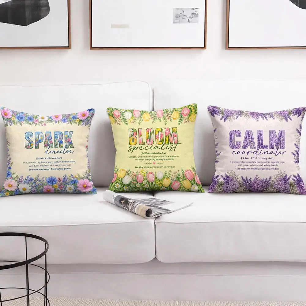 Floral Positive Job Title Cushion Cover Short Plush Soft Double-Sided Printing Pillow Case Cozy Sofa Bedroom Home Decor Gift